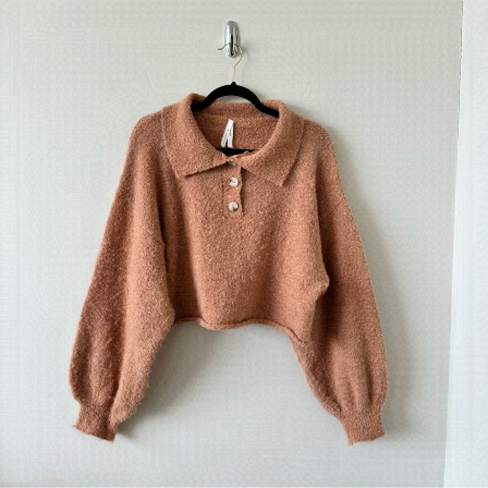 DREAMERS-Fuzzy Cropped Ballon Sleeve Pullover (Size:Small)